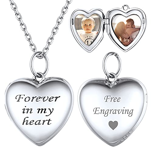 ChicSilver Damen Mädchen Herz Amulett Medaillon für 2 Foto Silber Personalisierter Photo anhänger mit „Forever in my heart“ Gravur Bildanhänger mit 40cm lang Halskette für Weihnachten Valentinstag von ChicSilver