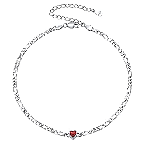 ChicSilver Damen Mädchen Herz Fußkettchen, 925 Sterling Silber Figarokette Fußkette, Boho Fußarmband mit Granat Geburtsstein für Freundin Ehefrau Tochter von ChicSilver