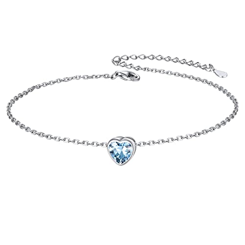 ChicSilver Damen Rolokette Fußketten, 925 Silber Herz Fußkettchen mit Aquamarin Geburtsstein, Boho Fußschmuck für Strand, Schmuck für Valentinstag Geburtstag Muttertag von ChicSilver