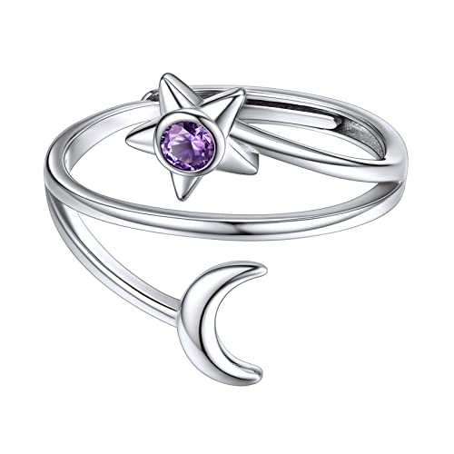 ChicSilver Damen Stern und Mond Ring Silber Verlorbungsring Hochzeit Ring mit Zirkonia Funkelnder Ring mit Amethyst für Braut Brautjungfer von ChicSilver