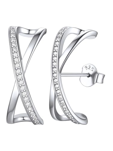ChicSilver Damen X Cross Creolen Ohrstecker Huggie Silber 925 Zirkonia Manschettenohrringe Silber Frauen Zirkon Wrap Ohrläppchen Ohrstecker von ChicSilver