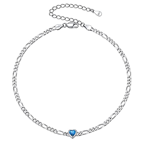 ChicSilver Figarokette Fußkettchen, 925 Silber Herz Fußkette mit Türkis Geburtsstein, Boho Fußschmuck für Strand, Geschenke für Frauen Mädchen Tochter von ChicSilver