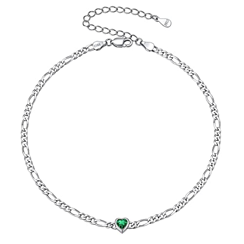 ChicSilver Herz Fußkettchen für Damen, 925 Silber Figarokette Fußkette mit Smaragd Geburtsstein, Boho Fußschmuck für Strand, Geschenke für Frauen Mädchen Tochter von ChicSilver