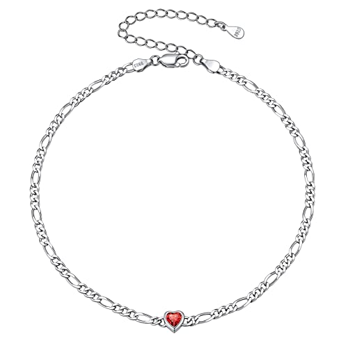 ChicSilver Herz Fußkette mit Rubin Geburtsstein, 925 Silber Figarokette Fußkette für Damen Frauen, Boho Fußarmband für Strand, Schmuck mit Geschenkebox für Geburtstag Muttertag von ChicSilver