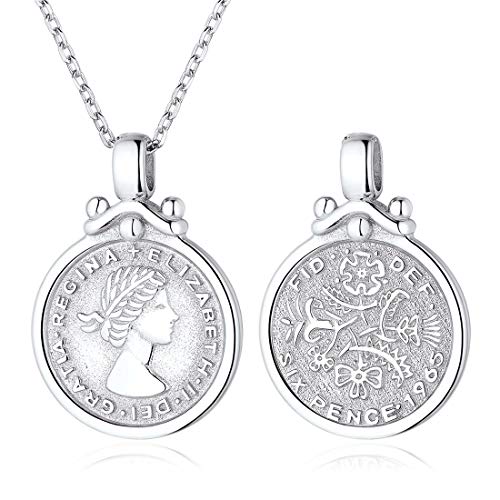 ChicSilver UK Queen Elizabeth Halskette für Frauen 925 Sterling Silber Münze Medaillon Six Pence Anhänger Boho Minimalist Schmuck … von ChicSilver