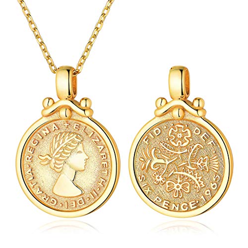 ChicSilver Queen Elizabeth Sixpence Halskette 18K Gold plattiert Münze Disc Anhänger mit Kette Minimal Medaillon Schmuck böhmischen… von ChicSilver