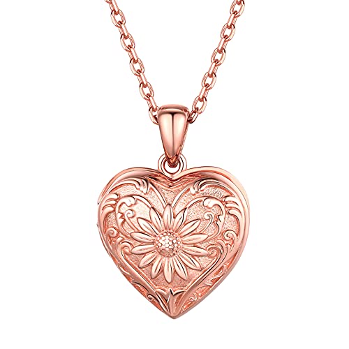 ChicSilver Rosegold Herzform Medaillon Anhänger mit Foto/Text Gravur Damen Mädchen Herzanhänger mit Sonneblume auf Vorderseite Damen Mädchen Photo Bild Anhänger von ChicSilver