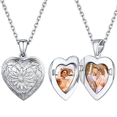 ChicSilver Silber Herz Medaillon mit Foto Damen mädchen Bildanhänger mit Gravur Sonneblume auf der Vorderseite Photo Amulett für Geburtstag Valentinstag von ChicSilver