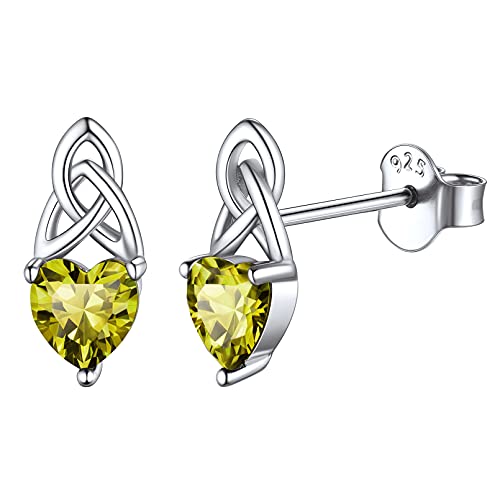 ChicSilver Silber Irischer Keltischer Knot Ohrstecker mit Peridot Gebursstein Kleiner Zierlichere Ohrstecker mit Herz Damen Mädchen Ohrringe für Hochzeit Valentinstag von ChicSilver