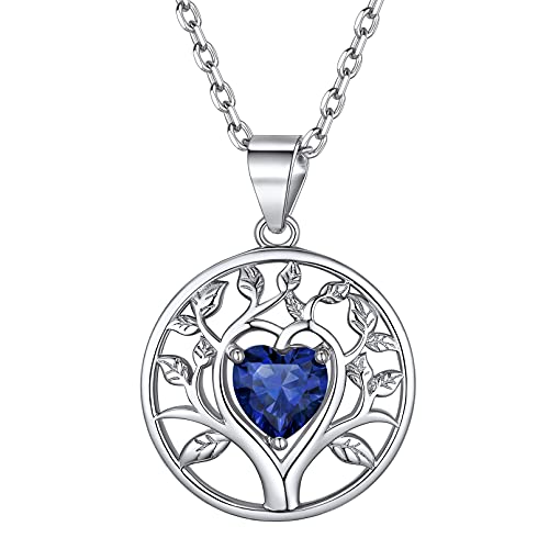 ChicSilver Silber Lebensbaum Anhänger Halskette mit Herz Saphir Gebursstein Damen Mädchen Halskette mit Geschenkebox für Valentinstag Weihnachten Geburtstag von ChicSilver