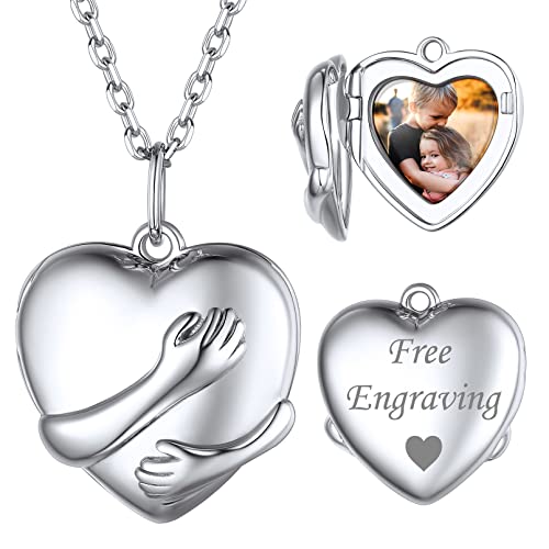 ChicSilver Silber Medaillon Kette Herz Umarmung mit Zwei Hände Halskette Damen Photo Amulett mit Wunschgravur personalisierter Fotoanhänger für Damen und Mädchen von ChicSilver