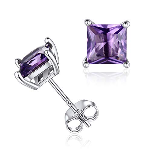 ChicSilver Silber Quadrat Ohrstecker mit Zirkonia Damen Mädchen Paar Ohrstecker mit Amethyst Geburssteine Beste Geschenk für Geburtstag Weihnachten von ChicSilver