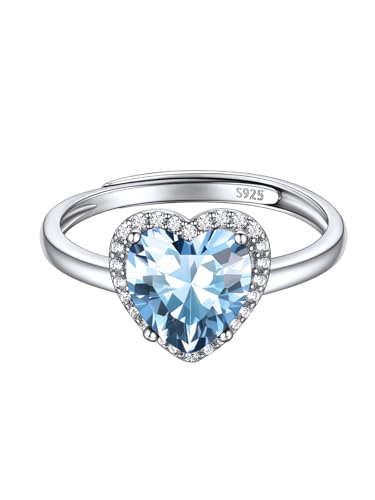 ChicSilver Herz Ring für Damen Silberring mit Zirkonia Ring Silber 925 Damen Verstellbar Ringe mit Herz Geburtsstein Fingerring mit Edelstein Aquamarin Vorsteckring Eternity Ringe für Geburtstag von ChicSilver