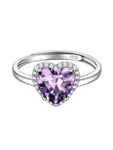 ChicSilver verstellbarer Herz Ring mit Amethyst Gebursstein Damen 925 Sterling Silber Ringe Silber mit Stein Fingerring Damen Zirkonia Ringe Offen Herzring Ehering Verlobungsring frauenschmuck von ChicSilver