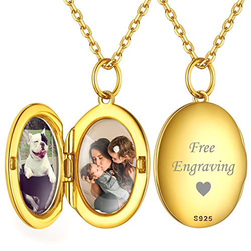 ChicSilver Goldener Oval Medaillon Anhänger Personalisierter Fotoanhänger mit Bild Text Gravur Damen Mädchen Photo Amulett mit Geschenkebox für Damen Mädchen von ChicSilver