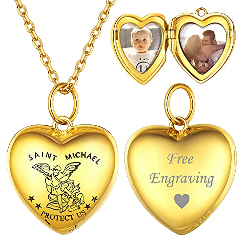 ChicSilver goldener Saint Michael Amulett Anhänger für 2 Foto Personalisierter Photo Amulett Anhänger mit Ihr Wunschgravur Damen Herren Herz Anhänger von ChicSilver