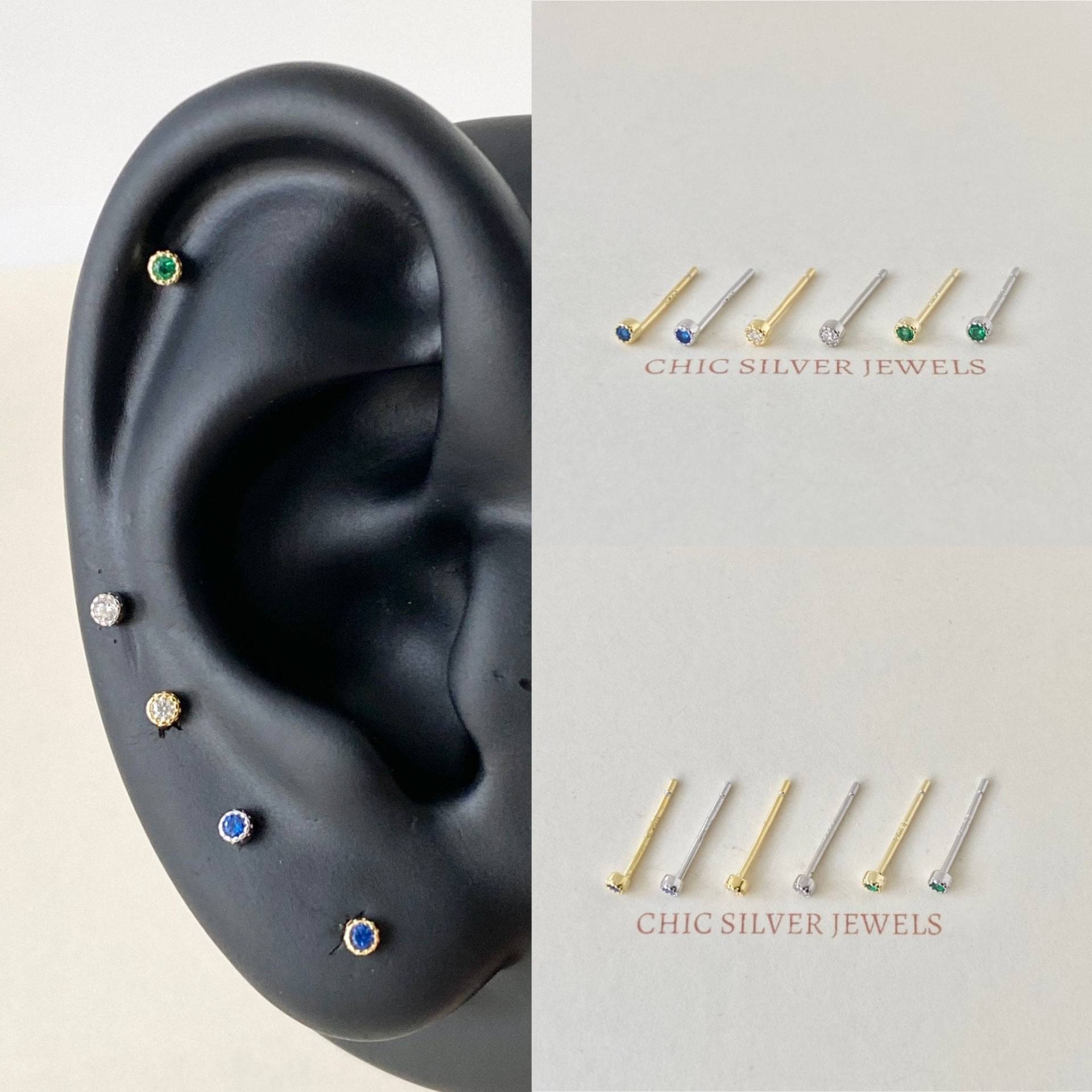 sterling Silber Ohrringe, Teeny Tiny 2mm Cz Ohrstecker Saphir Blau Smaragd Gold Minimalistisch Zierliche Kleine Einfache Alltagsgeschenke Für Kinder von ChicSilverJewels