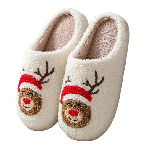 ChicSoleil Weihnachten Rentier Hausschuhe Winter Damen，Herren Plüsch Pantoffeln，Weihnachtsmann Cozy Warme Slippers,Lustige Geschenke for Weihnachten (Elch Gr.38/39) von ChicSoleil