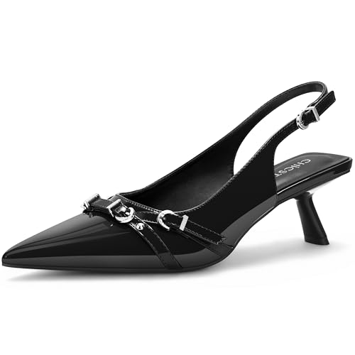 ChicSteps Slingback-Absatzschuhe mit Schnalle, Kätzchen-Absätze für Damen, niedriger Absatz, spitzer Zehenbereich, MOST-88, Schwarz, 38 EU von ChicSteps