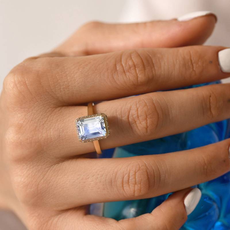 3.5Ct Regenbogen Mondstein Verlobungsring 14K Gold/Juni Geburtsstein Ring Im Smaragdschliff Versteckter Heiligenschein Diamant You & Me Cocktail von ChicVidaFineJewelry