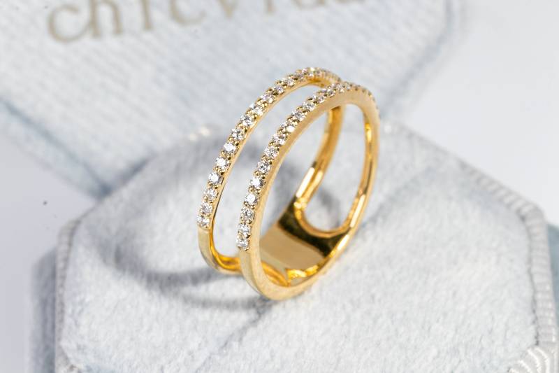 Diamant Ehering/Solid Gold Band Ring Versprechen Vorschlag Parallel Dünner Dual Eternity Zeitgenössisch von ChicVidaFineJewelry