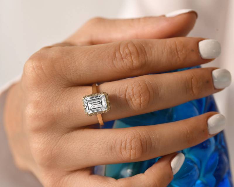 Im Labor Gewachsener Diamant-Verlobungsring/Versteckter Heiligenschein Diamant-Ehering Diamant Im Smaragdschliff Spitzenschliff Solitärring Feiner von ChicVidaFineJewelry