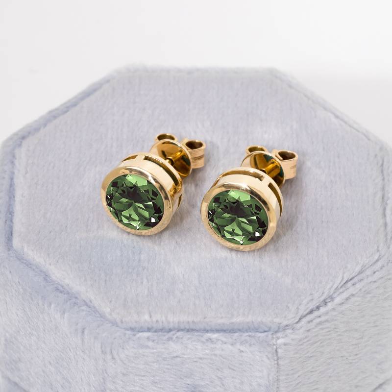 Runde Grüne Turmalin Ohrstecker, Solide 18 K Gold Push Back Lünette Set Ohrringe, Einfache Zierliche Geschenk Zum 15 von ChicVidaFineJewelry