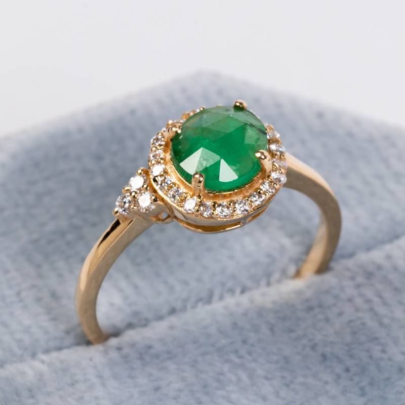 Smaragd Grüner Ehering 14K Rosenschliff Diamant Halo Ring, Gelbgold Band, Statement Versprechen Kann Birthstone, Vintage Schmuck Geschenk von ChicVidaFineJewelry