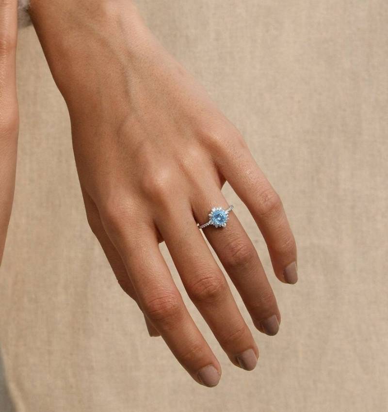 Vintage Aquamarin Ehering/Natürlicher Edelstein Versprechensring Diamant Verlobungsring Halo März Geburtsstein Geschenk Für Mutter Art Deco Goldring von ChicVidaFineJewelry