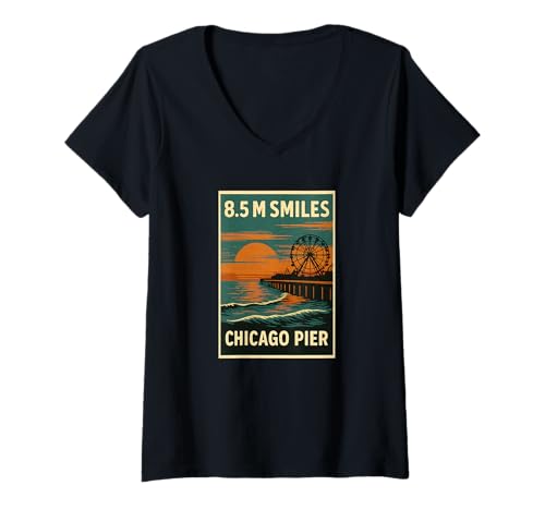 Damen Chicago Pier Sunset Shirt Vintage Lakefront Riesenrad T-Shirt mit V-Ausschnitt Damen Chicago Pier Sunset Shirt Vintage Lakefront Riesenrad T-Shirt mit V-Ausschnitt von Chicago Pier Sunset Tee Shirts for Vacationers