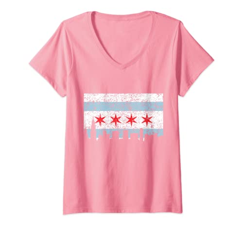 Damen Chicago T-Shirt – Vintage Chicago Flagge Thema Skyline T-Shirt T-Shirt mit V-Ausschnitt von Chicago Shirts - Vintage Chicago Flag T Shirts