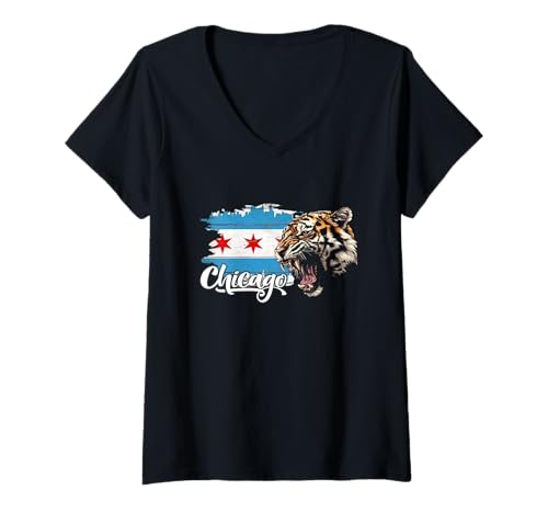 Damen Chicago Flag T-Shirt, Chicago Maps, Chicago T-Shirts für Frauen T-Shirt mit V-Ausschnitt von Chicago tshirt, Vintage Chicago shirt for kids