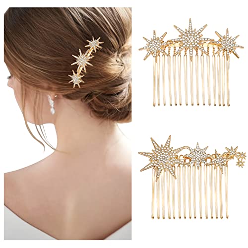 2 Stück Steckkämme für die Haare Stern Legierung Strass Haar Seitenkämme Strass Kopfschmuck Braut Hochzeit Haarkamm Kristall Haarschmuck für Damen und Mädchen Geschenk 15 Zähne 7.3cm (Gold) von Chicamy