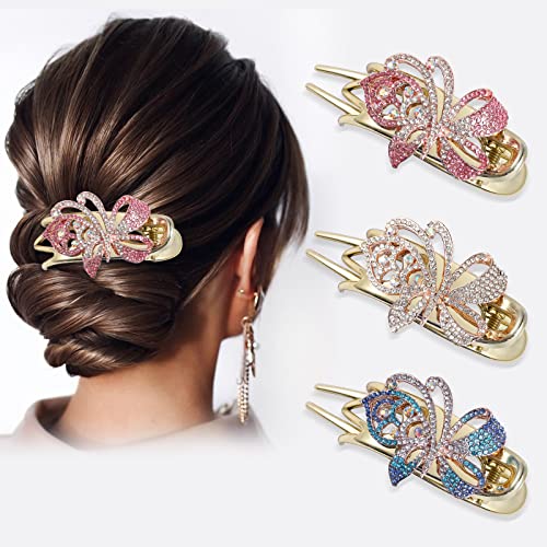 Haarklammer Gold Haarspangen Strass für Damen Mädchen Entenschnabel Blume Große Französische Schwalbenschwanz Pferdeschwanz Clip Acryl Glitzerndes Haar Dekorativ Blau Weiß Rosa 3 STÜCKE von Chicamy