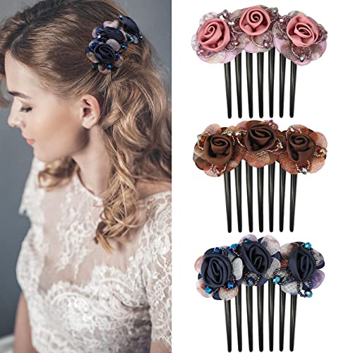 Chicamy Steckkämme für die Haare 7 Zähne Haarkamm Einsteckkamm Haar Seiten Kamm Satz Zähne Groß Breit Zahn Kamm Zubehör Frauen Mädchen Blumen Haarschmuck Geschenk 11cm 3 Farben Blauer Rosa Kaffee von Chicamy