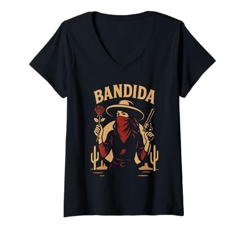 Damen Bandida Chicana Mexikanischer Latina-Stil T-Shirt mit V-Ausschnitt Damen Bandida Chicana Mexikanischer Latina-Stil T-Shirt mit V-Ausschnitt von Chicana Mexican Latina Bandida Spirit