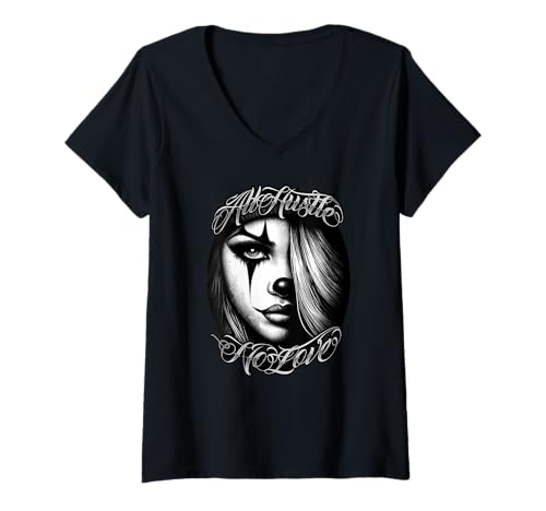Damen NO Love All Hustle Chicana Payasa Tattouage Chicano Art T-Shirt mit V-Ausschnitt Damen NO Love All Hustle Chicana Payasa Tattouage Chicano Art T-Shirt mit V-Ausschnitt von Chicano Clown Smile Now Cry Later Pour Les Cholos