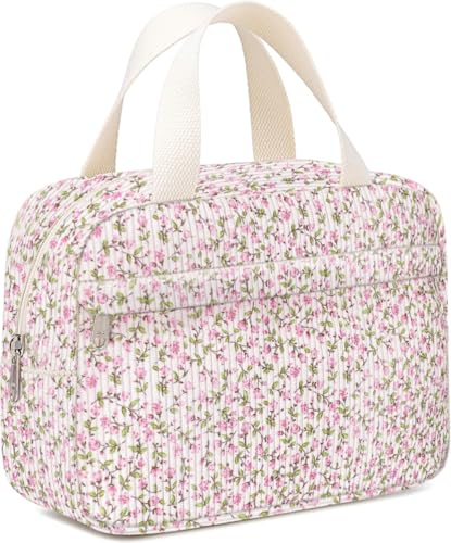 Chicarries Make-up-Tasche für Damen, wasserdicht, Kulturbeutel, Organizer mit Fächern, große Kosmetiktasche für Geldbörse, Fitnessstudio, Wochenendausflüge, Blume/Pink von Chicarries
