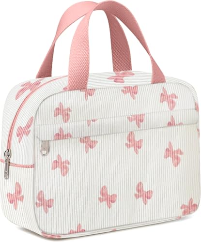 Chicarries Make-up-Tasche für Damen, wasserdicht, Kulturbeutel, Organizer mit Fächern, große Kosmetiktasche für Geldbörse, Fitnessstudio, Wochenendausflüge, Rosa, Schleife von Chicarries