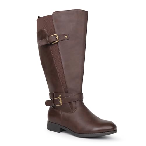 Chicblooms Damen Reitstiefel mit extra breitem Schaft, niedrigem Absatz, Knöchelriemen, schlankes Design, kniehohe Stiefel, Braun Synthetik EU 40.5 Chicblooms Damen Reitstiefel mit extra breitem Schaft, niedrigem Absatz, Knöchelriemen, schlankes Design, kniehohe Stiefel, Braun Synthetik EU 40.5 von Chicblooms