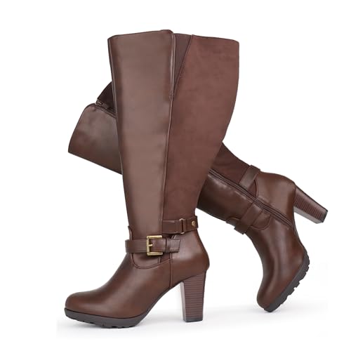 Chicblooms Damen-Stiefel in Übergröße, extra weiter Schaft, hoher Absatz, mit Knöchelschnalle, Braunes PU, EU 40.5 Chicblooms Damen-Stiefel in Übergröße, extra weiter Schaft, hoher Absatz, mit Knöchelschnalle, Braunes PU, EU 40.5 von Chicblooms