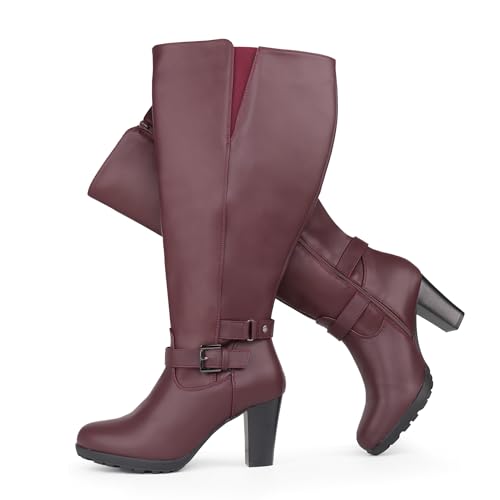 Chicblooms Damen-Stiefel in Übergröße, extra weiter Schaft, hoher Absatz, mit Knöchelschnalle, burgunderfarbenes PU, EU 40.5 von Chicblooms