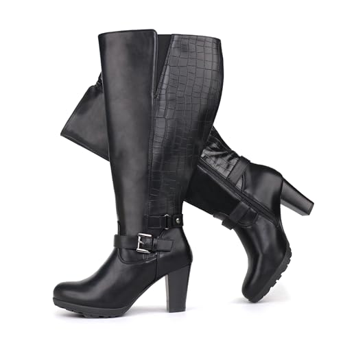 Chicblooms Damen-Stiefel in Übergröße, extra weiter Schaft, hoher Absatz, mit Knöchelschnalle, schwarzes PU, EU 38 von Chicblooms