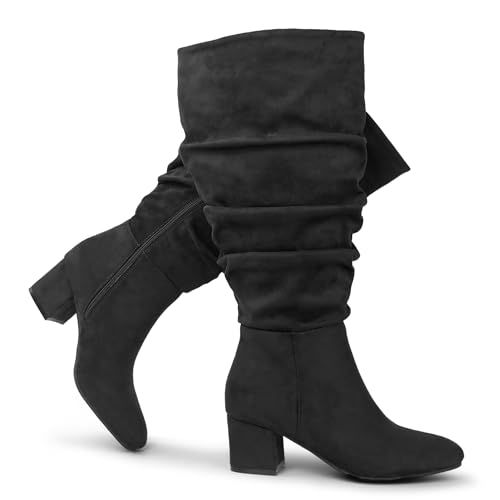 Chicblooms Damen-Stiefel mit extra weiter Wade, lässige Wildlederstiefel mit Blockabsatz, schwarzes Wildleder, EU 37 von Chicblooms