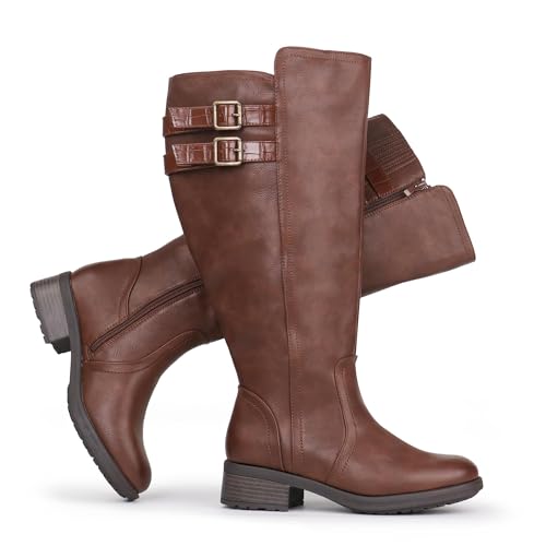 Chicblooms Damen-Stiefel mit extrabreitem Wadenabschnitt, Blockabsatz, gestapelter Schnalle, verstecktem Stretch, kniehoch, Braun Synthetik EU 40.5 von Chicblooms