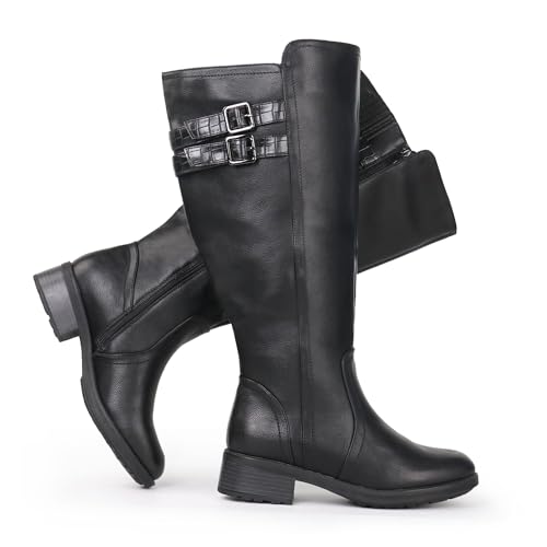 Chicblooms Damen-Stiefel mit extrabreitem Wadenabschnitt, Blockabsatz, gestapelter Schnalle, verstecktem Stretch, kniehoch, Schwarz Synthetik EU 39.5 von Chicblooms