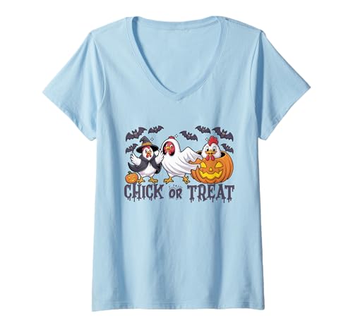 Damen Hühner Geist Hexe Halloween Kostüm Küken oder Leckerli Gruselig T-Shirt mit V-Ausschnitt Damen Hühner Geist Hexe Halloween Kostüm Küken oder Leckerli Gruselig T-Shirt mit V-Ausschnitt von Chick Or Treat Spooky Chicken Halloween
