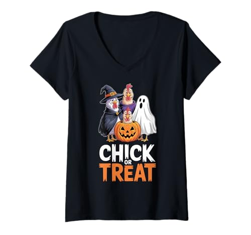 Damen Chick Or Treat Halloween-Hexe Spooky Chicken Farmers T-Shirt mit V-Ausschnitt Damen Chick Or Treat Halloween-Hexe Spooky Chicken Farmers T-Shirt mit V-Ausschnitt von Chick Or Treat Spooky Halloween Farmers Women Men
