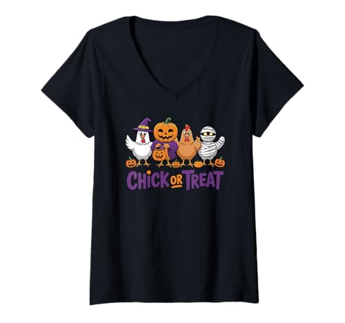 Damen Chick or Treat Lustiges Huhn Halloween Wortspiel Design T-Shirt mit V-Ausschnitt von Chick or Treat Chicken Halloween by NLTS