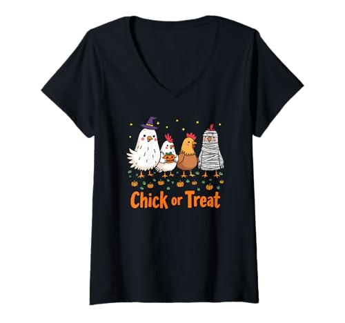 Damen Chick or Treat Lustiges Huhn Halloween Wortspiel Design T-Shirt mit V-Ausschnitt von Chick or Treat Chicken Halloween by NLTS